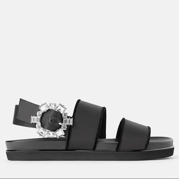 Zara Satin Strappy Flat Sandals w/ Crystal Brooch